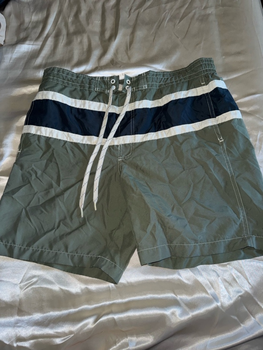 Caribbean Joe Olive Green Swim Shorts with Navy and White Stripes